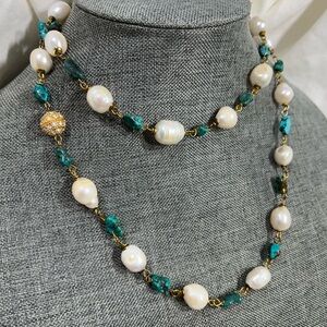 Fresh Water Pearls with Turquoise Nuggets Wire Wrapped with a Gold Spear…